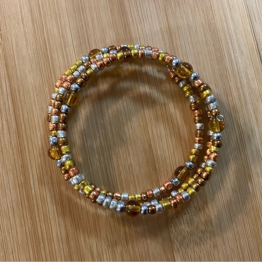 Hand Crafted Wrap Bracelet Amber Copper Gold Bronze Silver Seed Beads Coil - Picture 2 of 7